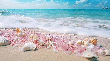 Landscape with shells on tropical beach. Generative AIの素材