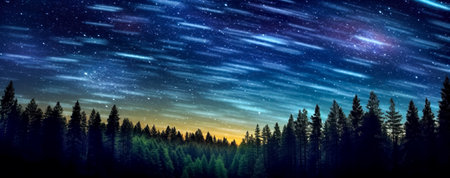 The Milky Way rises over the pine trees on a foreground. Generative AIの素材