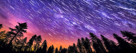 The Milky Way rises over the pine trees on a foreground. Generative AIの素材
