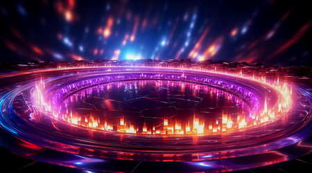 Futuristic technology abstract background with lines for network, big data, data center, server, internet, speed. Abstract neon lights into digital technology tunnel. Generative AIの素材
