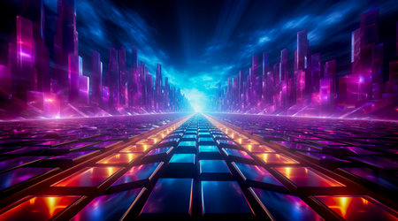 Futuristic technology abstract background with lines for network, big data, data center, server, internet, speed. Abstract neon lights into digital technology tunnel. Generative AIの素材