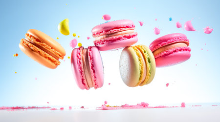 Colorful macaroons or macarons falling or flying over background. Copy space. Generative AIの素材