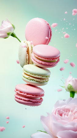 Colorful macaroons or macarons falling or flying over background. Copy space. Generative AIの素材
