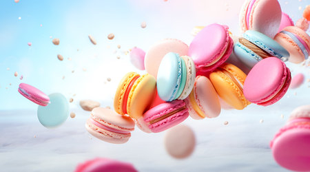 Colorful macaroons or macarons falling or flying over background. Copy space. Generative AIの素材