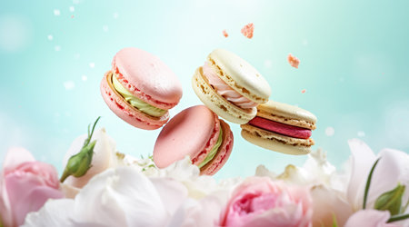 Colorful macaroons or macarons falling or flying over background. Copy space. Generative AIの素材