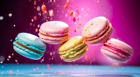 Colorful macaroons or macarons falling or flying over background. Copy space. Generative AIの素材