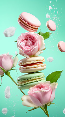 Colorful macaroons or macarons falling or flying over background. Copy space. Generative AIの素材