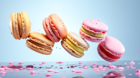 Colorful macaroons or macarons falling or flying over background. Copy space. Generative AIの素材