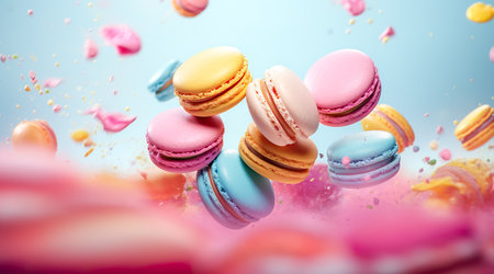 Colorful macaroons or macarons falling or flying over background. Copy space. Generative AIの素材