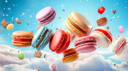 Colorful macaroons or macarons falling or flying over background. Copy space. Generative AIの素材