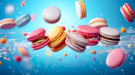 Colorful macaroons or macarons falling or flying over background. Copy space. Generative AIの素材