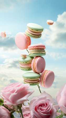 Colorful macaroons or macarons falling or flying over background. Copy space. Generative AIの素材