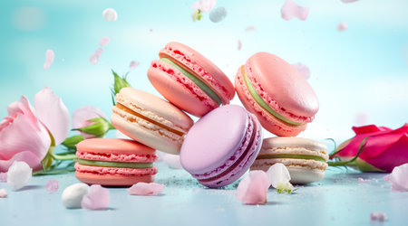 Colorful macaroons or macarons falling or flying over background. Copy space. Generative AIの素材