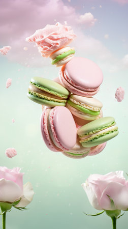 Colorful macaroons or macarons falling or flying over background. Copy space. Generative AIの素材