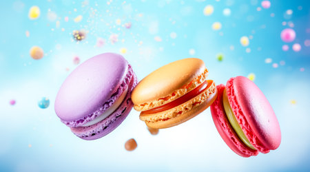Colorful macaroons or macarons falling or flying over background. Copy space. Generative AIの素材