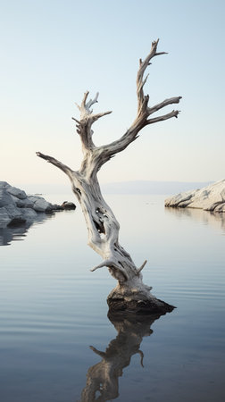 Dry tree twigs and white sand beach. Minimal background for summer concept. Generative AIの素材