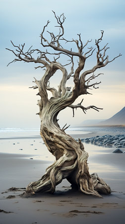 Dry tree twigs and white sand beach. Minimal background for summer concept. Generative AIの素材