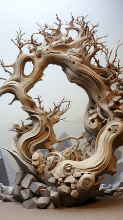 Dry tree twigs and white sand beach. Minimal background for summer concept. Generative AIの素材