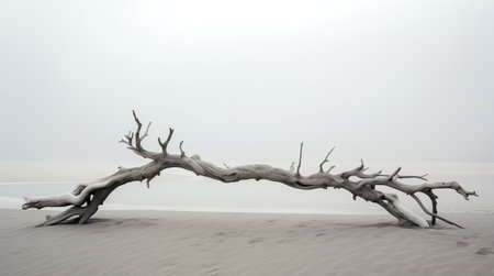 Dry tree twigs and white sand beach. Minimal background for summer concept. Generative AIの素材