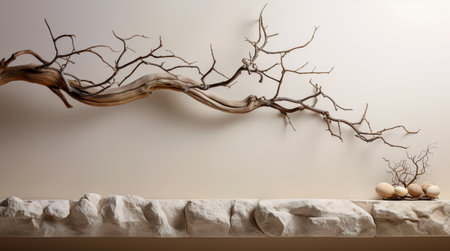 Dry tree twigs and white sand beach. Minimal background for summer concept. Generative AIの素材