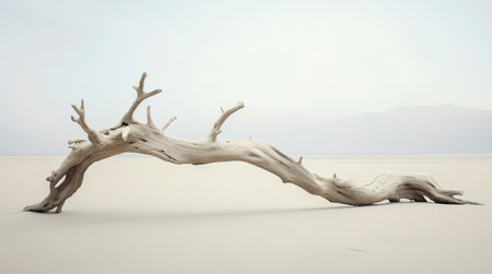 Dry tree twigs and white sand beach. Minimal background for summer concept. Generative AIの素材