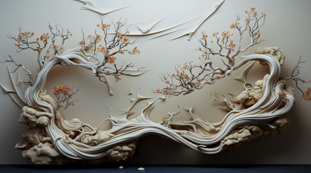Dry tree twigs and white sand beach. Minimal background for summer concept. Generative AIの素材
