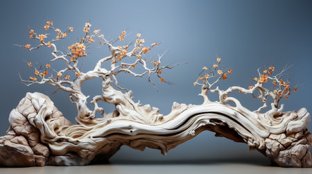 Dry tree twigs and white sand beach. Minimal background for summer concept. Generative AIの素材