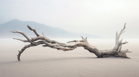 Dry tree twigs and white sand beach. Minimal background for summer concept. Generative AIの素材