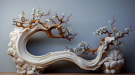 Dry tree twigs and white sand beach. Minimal background for summer concept. Generative AIの素材