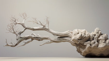 Dry tree twigs and white sand beach. Minimal background for summer concept. Generative AIの素材