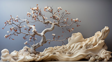 Dry tree twigs and white sand beach. Minimal background for summer concept. Generative AIの素材