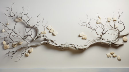Dry tree twigs and white sand beach. Minimal background for summer concept. Generative AIの素材