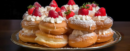 Table with various cookies, donuts, cakes on dark backround. Panorama. Generative AIの素材