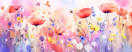 Panoramic view of flowers. Beautiful summer natural background. Generative AIの素材