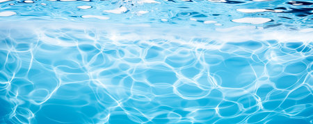 Water background, ripple and flow with waves. Summer blue swiming pool pattern. Sea, ocean surface. Panoramic banner.の素材