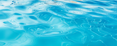 Water background, ripple and flow with waves. Summer blue swiming pool pattern. Sea, ocean surface. Panoramic banner.の素材