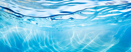 Water background, ripple and flow with waves. Summer blue swiming pool pattern. Sea, ocean surface. Panoramic banner.の素材