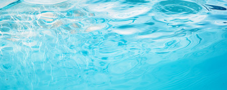 Water background, ripple and flow with waves. Summer blue swiming pool pattern. Sea, ocean surface. Panoramic banner.の素材