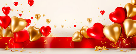 Air Balloons of heart shaped foil on pastel red background. Love concept. Holiday celebration. Valentine's Dayの素材