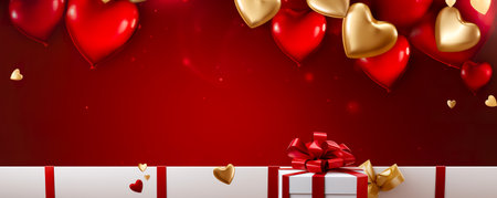 Air Balloons of heart shaped foil on pastel red background. Love concept. Holiday celebration. Valentine's Dayの素材