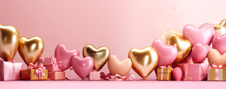 Air Balloons of heart shaped foil on pastel pink background. Love concept. Holiday celebration. Valentine's Dayの素材