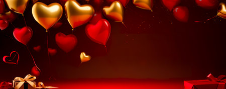 Air Balloons of heart shaped foil on pastel red background. Love concept. Holiday celebration. Valentine's Dayの素材