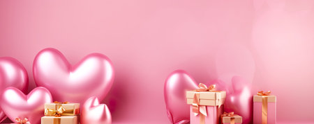 Air Balloons of heart shaped foil on pastel pink background. Love concept. Holiday celebration. Valentine's Dayの素材