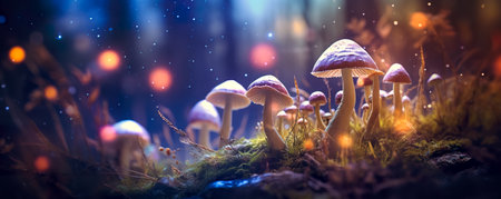 Mushroom. Fantasy Glowing Mushrooms in mystery dark forest close-up. Beautiful macro shot of magic mushroom, fungus.の素材