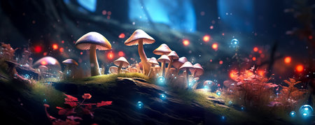 Mushroom. Fantasy Glowing Mushrooms in mystery dark forest close-up. Beautiful macro shot of magic mushroom, fungus.の素材