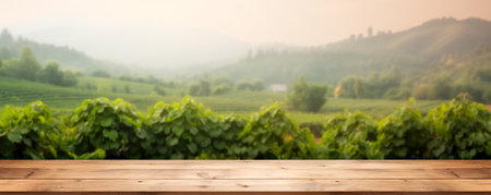 Wooden table in front of vineyard. Blurred background.の素材