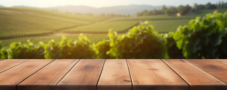 Wooden table in front of vineyards in Tuscany, Italyの素材