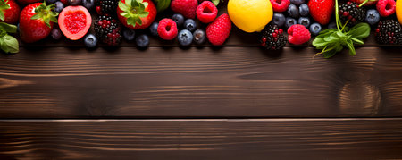 Wide collage of fresh fruits and vegetables for layout on wood background. Copy spaceの素材