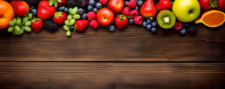 Wide collage of fresh fruits and vegetables for layout on wood background. Copy spaceの素材