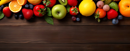 Wide collage of fresh fruits and vegetables for layout on wood background. Copy spaceの素材